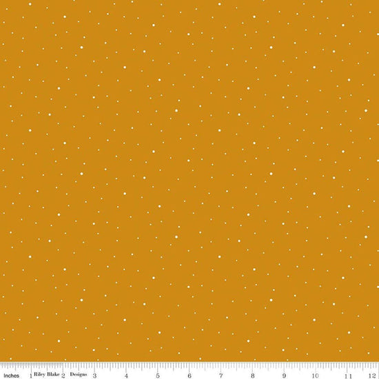 Image of Dapple Dot Butterscotch quilting cotton fabric by The RBD Designers for Riley Blake Designs. Features polka dots on a yellow background. Cute Little Fabric Shop.