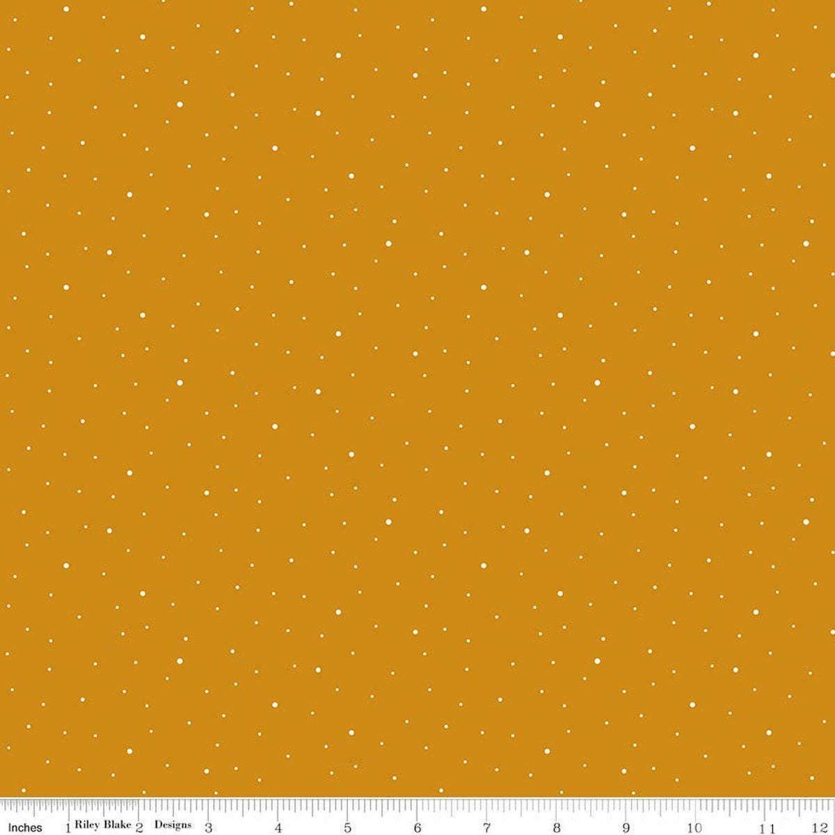 Image of Dapple Dot Butterscotch quilting cotton fabric by The RBD Designers for Riley Blake Designs. Features polka dots on a yellow background. Cute Little Fabric Shop.