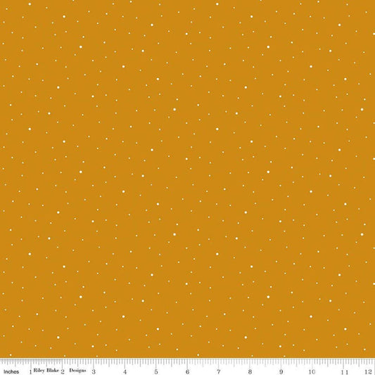 Image of Dapple Dot Butterscotch quilting cotton fabric by The RBD Designers for Riley Blake Designs. Features polka dots on a yellow background. Cute Little Fabric Shop.