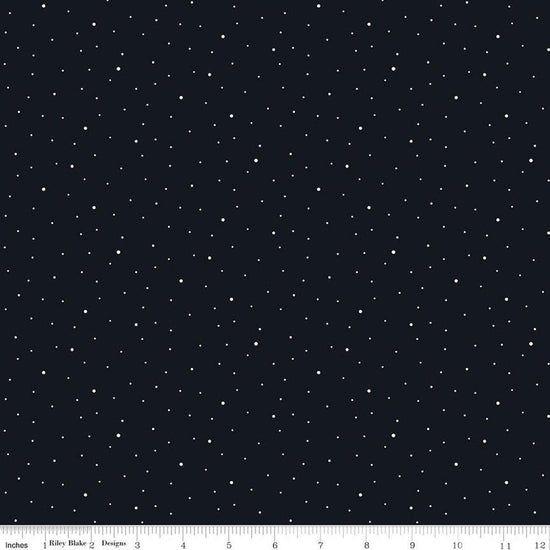 Image of Dapple Dot Licorice quilting cotton fabric by The RBD Designers for Riley Blake Designs. Features polka dots on a black background. Cute Little Fabric Shop.