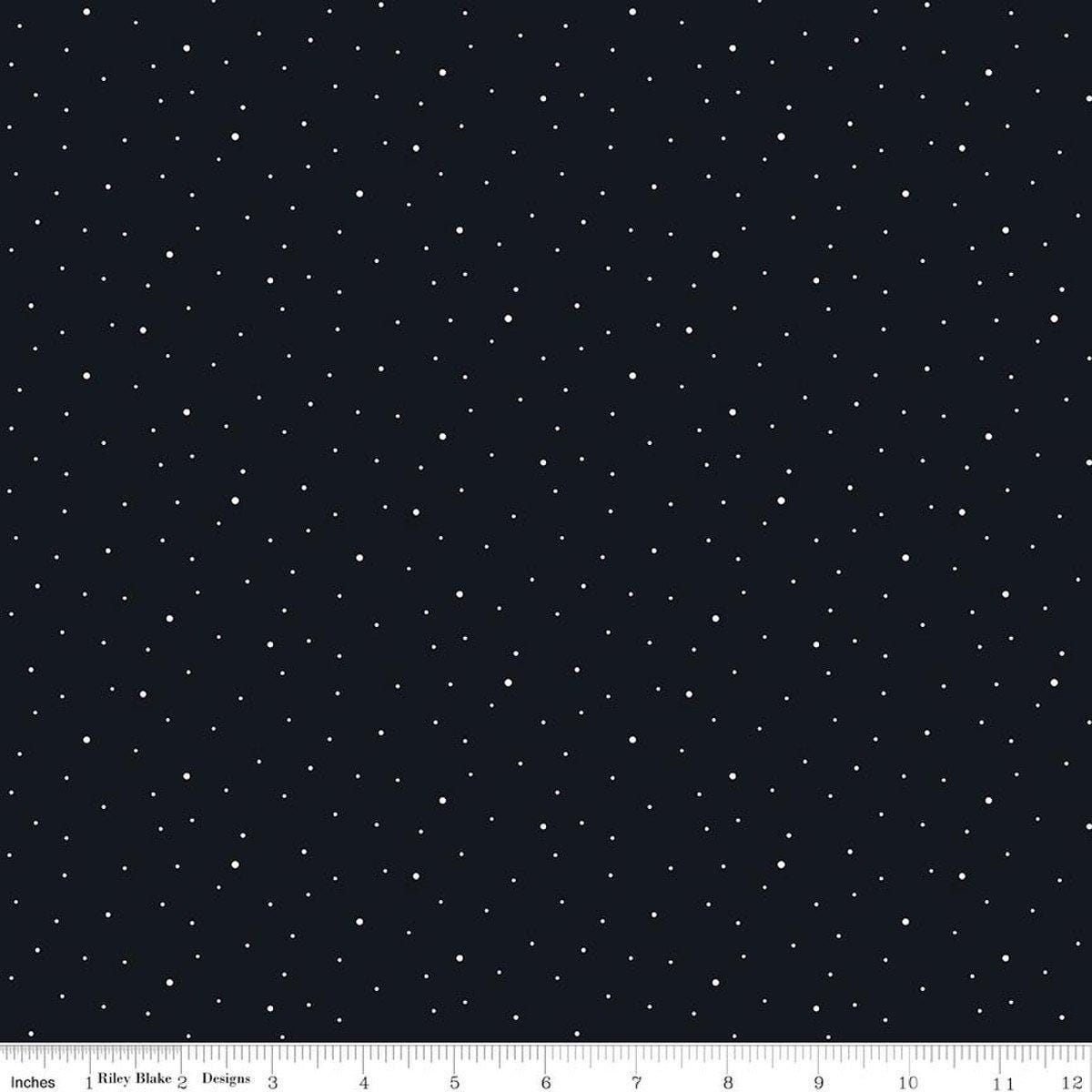 Image of Dapple Dot Licorice quilting cotton fabric by The RBD Designers for Riley Blake Designs. Features polka dots on a black background. Cute Little Fabric Shop.