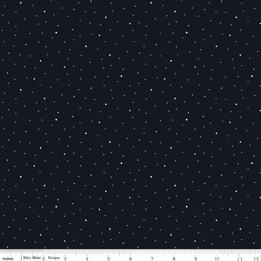 Image of Dapple Dot Licorice quilting cotton fabric by The RBD Designers for Riley Blake Designs. Features polka dots on a black background. Cute Little Fabric Shop.