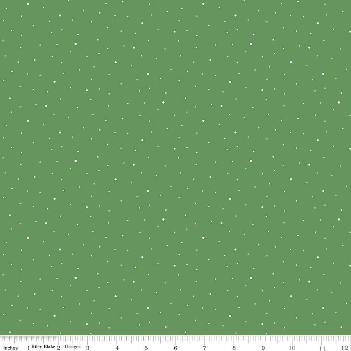 Image of Dapple Dot Clover quilting cotton fabric by The RBD Designers for Riley Blake Designs. Features polka dots on a green background. Cute Little Fabric Shop.