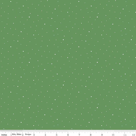 Image of Dapple Dot Clover quilting cotton fabric by The RBD Designers for Riley Blake Designs. Features polka dots on a green background. Cute Little Fabric Shop.
