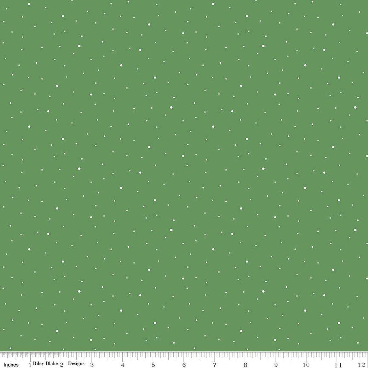 Image of Dapple Dot Clover quilting cotton fabric by The RBD Designers for Riley Blake Designs. Features polka dots on a green background. Cute Little Fabric Shop.