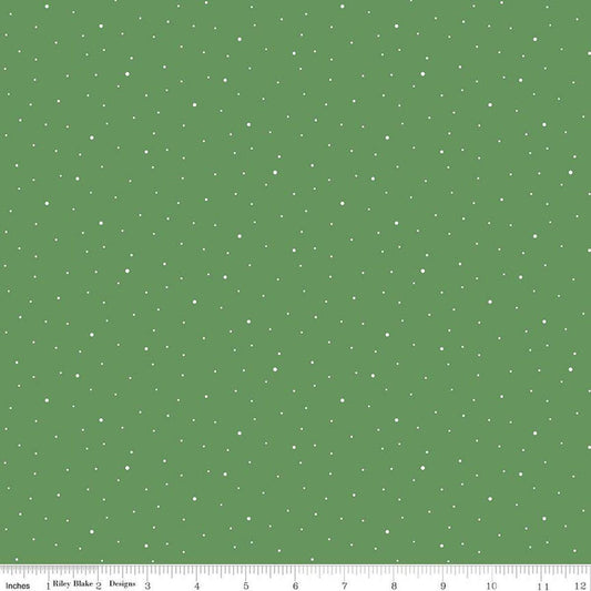 Image of Dapple Dot Clover quilting cotton fabric by The RBD Designers for Riley Blake Designs. Features polka dots on a green background. Cute Little Fabric Shop.