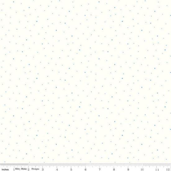 Image of Dapple Dot on Off White Boy Blue quilting cotton fabric by The RBD Designers for Riley Blake Designs. Features polka dots on a cream background. Cute Little Fabric Shop.