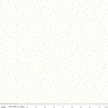 Image of Dapple Dot on Off White Boy Blue quilting cotton fabric by The RBD Designers for Riley Blake Designs. Features polka dots on a cream background. Cute Little Fabric Shop.