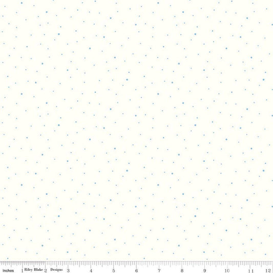 Image of Dapple Dot on Off White Boy Blue quilting cotton fabric by The RBD Designers for Riley Blake Designs. Features polka dots on a cream background. Cute Little Fabric Shop.
