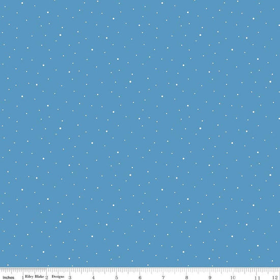 Image of Dapple Dot Medium Blue quilting cotton fabric by The RBD Designers for Riley Blake Designs. Features polka dots on a blue background. Cute Little Fabric Shop.