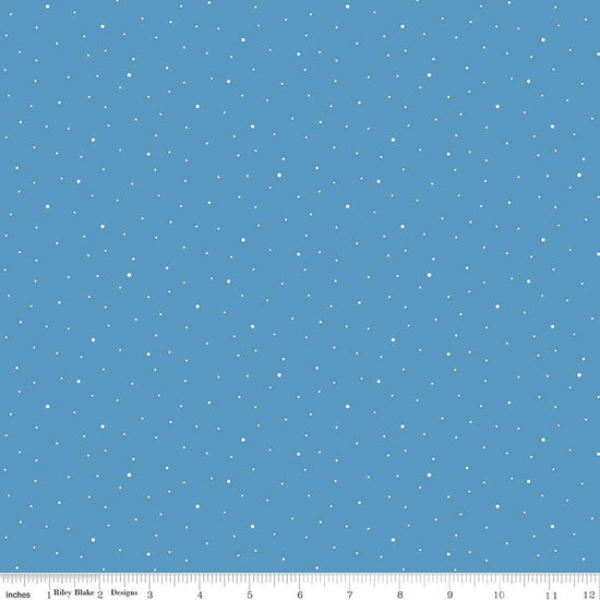 Image of Dapple Dot Medium Blue quilting cotton fabric by The RBD Designers for Riley Blake Designs. Features polka dots on a blue background. Cute Little Fabric Shop.