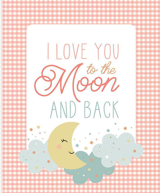 SALE Flannel Love You to the Moon Panel Coral Pink Baby Shower Fabric - FP18277 - Riley Blake FLANNEL Cotton Fabric