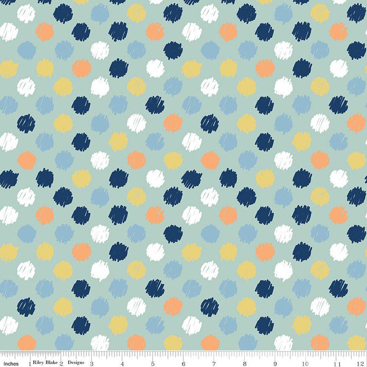 Image of Flannel Love You to the Moon Dots Powder flannel cotton fabric by Echo Park Paper Co for Riley Blake Designs. Features polka dots on a blue background. Cute Little Fabric Shop.