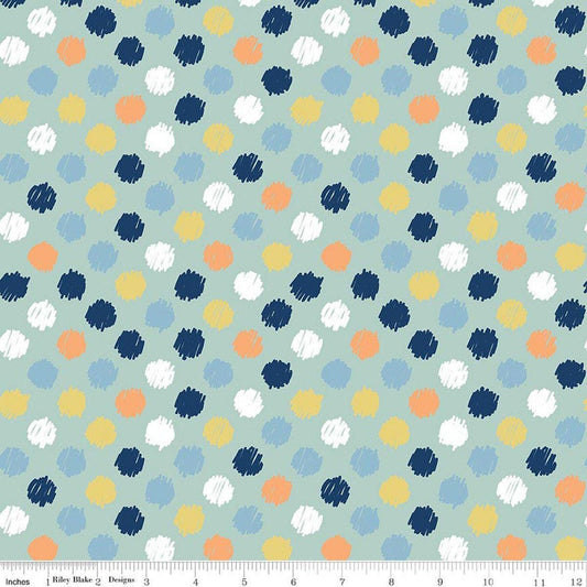 Image of Flannel Love You to the Moon Dots Powder flannel cotton fabric by Echo Park Paper Co for Riley Blake Designs. Features polka dots on a blue background. Cute Little Fabric Shop.