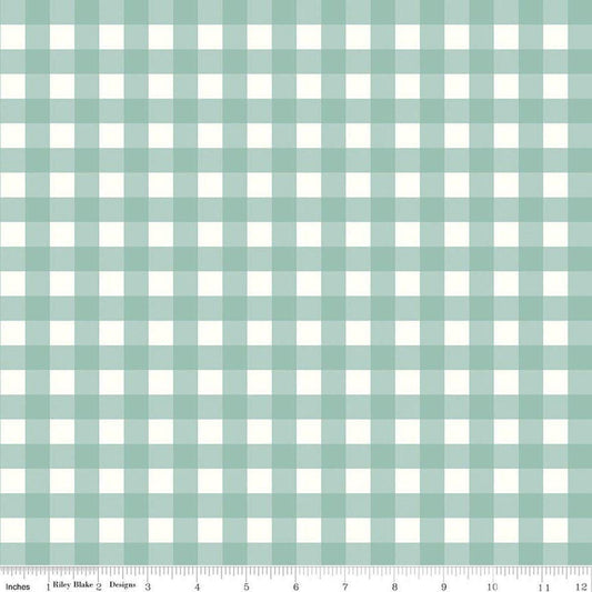 Image of Flannel Love You to the Moon Gingham Powder flannel cotton fabric by Echo Park Paper Co for Riley Blake Designs. Features gingham on a blue background. Cute Little Fabric Shop.