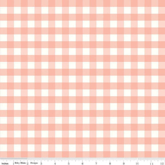 Image of Flannel Love You to the Moon Gingham Coral flannel cotton fabric by Echo Park Paper Co for Riley Blake Designs. Features gingham on a pink background. Cute Little Fabric Shop.