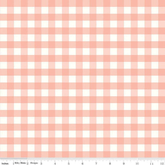 Image of Flannel Love You to the Moon Gingham Coral flannel cotton fabric by Echo Park Paper Co for Riley Blake Designs. Features gingham on a pink background. Cute Little Fabric Shop.