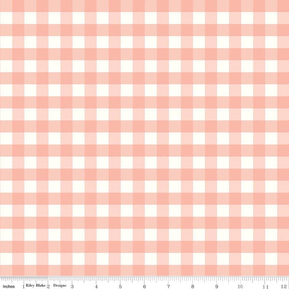 Image of Flannel Love You to the Moon Gingham Coral flannel cotton fabric by Echo Park Paper Co for Riley Blake Designs. Features gingham on a pink background. Cute Little Fabric Shop.