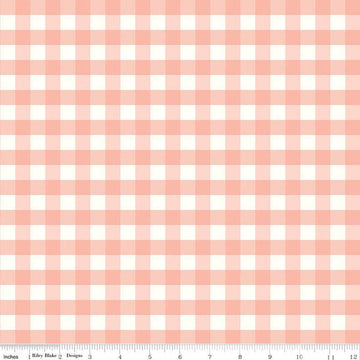 Image of Flannel Love You to the Moon Gingham Coral flannel cotton fabric by Echo Park Paper Co for Riley Blake Designs. Features gingham on a pink background. Cute Little Fabric Shop.