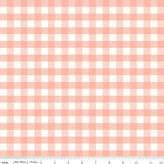 Image of Flannel Love You to the Moon Gingham Coral flannel cotton fabric by Echo Park Paper Co for Riley Blake Designs. Features gingham on a pink background. Cute Little Fabric Shop.