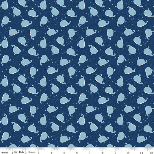 Image of Flannel Love You to the Moon Whales Navy flannel cotton fabric by Echo Park Paper Co for Riley Blake Designs. Features whales on a blue background. Cute Little Fabric Shop.