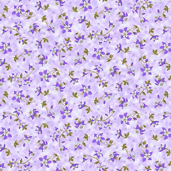 Image of Mountains are Calling Columbines Lilac quilting cotton fabric by Claudia McKinney for QT Fabrics. Features flowers on a purple background. Cute Little Fabric Shop.