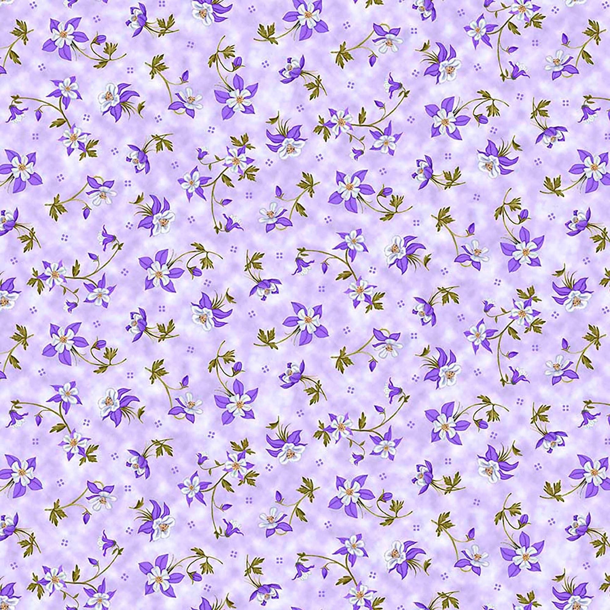Image of Mountains are Calling Columbines Lilac quilting cotton fabric by Claudia McKinney for QT Fabrics. Features flowers on a purple background. Cute Little Fabric Shop.