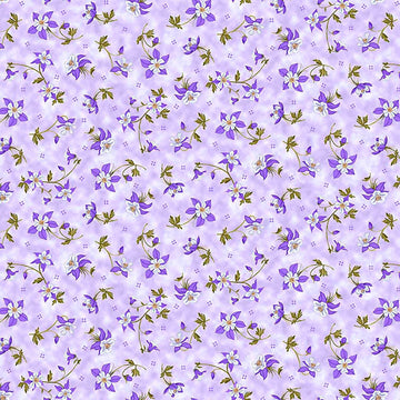 Image of Mountains are Calling Columbines Lilac quilting cotton fabric by Claudia McKinney for QT Fabrics. Features flowers on a purple background. Cute Little Fabric Shop.