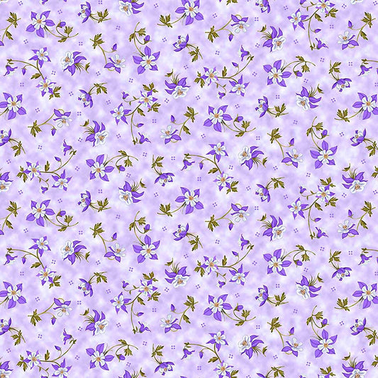 Image of Mountains are Calling Columbines Lilac quilting cotton fabric by Claudia McKinney for QT Fabrics. Features flowers on a purple background. Cute Little Fabric Shop.