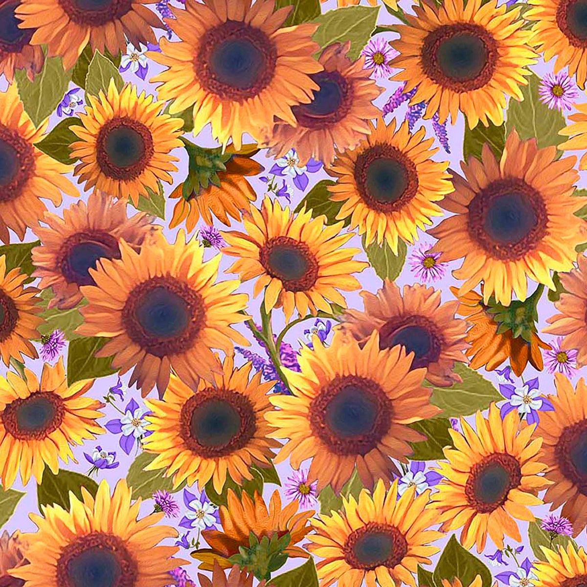 Image of Mountains are Calling Sunflowers Lilac quilting cotton fabric by Claudia McKinney for QT Fabrics. Features flowers on a purple background. Cute Little Fabric Shop.