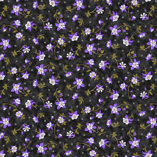 Image of Mountains are Calling Columbines Charcoal quilting cotton fabric by Claudia McKinney for QT Fabrics. Features flowers on a black background. Cute Little Fabric Shop.