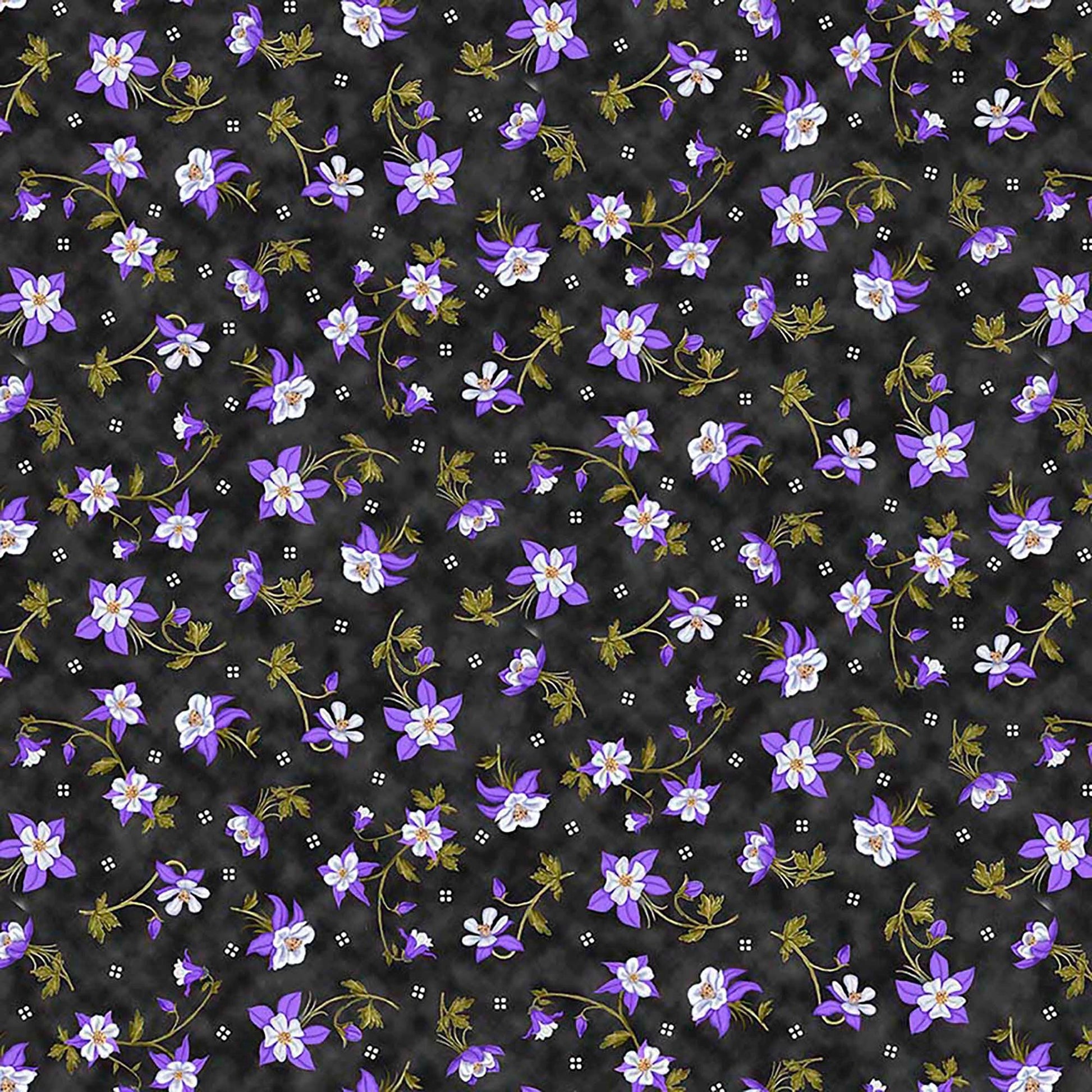 Image of Mountains are Calling Columbines Charcoal quilting cotton fabric by Claudia McKinney for QT Fabrics. Features flowers on a black background. Cute Little Fabric Shop.