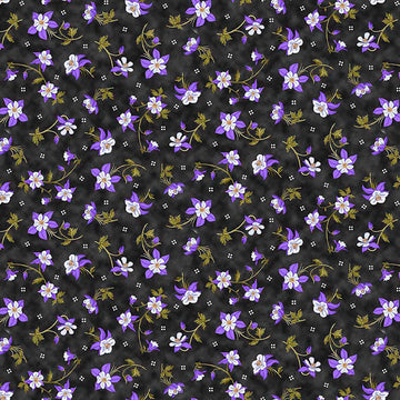 Image of Mountains are Calling Columbines Charcoal quilting cotton fabric by Claudia McKinney for QT Fabrics. Features flowers on a black background. Cute Little Fabric Shop.