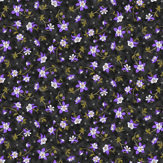 Image of Mountains are Calling Columbines Charcoal quilting cotton fabric by Claudia McKinney for QT Fabrics. Features flowers on a black background. Cute Little Fabric Shop.