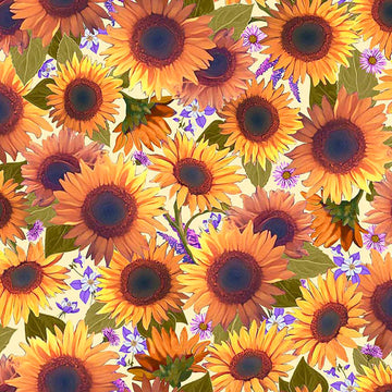 Image of Mountains are Calling Sunflowers Butter quilting cotton fabric by Claudia McKinney for QT Fabrics. Features flowers on a yellow background. Cute Little Fabric Shop.