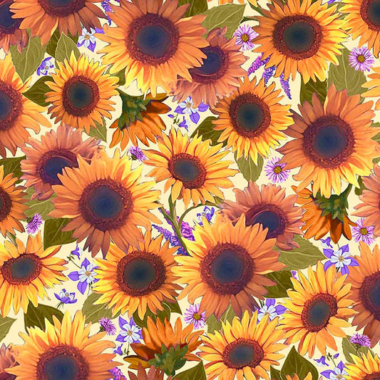 Image of Mountains are Calling Sunflowers Butter quilting cotton fabric by Claudia McKinney for QT Fabrics. Features flowers on a yellow background. Cute Little Fabric Shop.