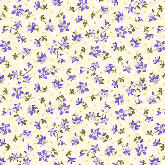 Image of Mountains are Calling Columbines Buttercream quilting cotton fabric by Claudia McKinney for QT Fabrics. Features flowers on a cream background. Cute Little Fabric Shop.