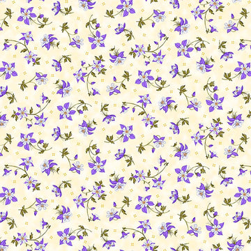 Image of Mountains are Calling Columbines Buttercream quilting cotton fabric by Claudia McKinney for QT Fabrics. Features flowers on a cream background. Cute Little Fabric Shop.