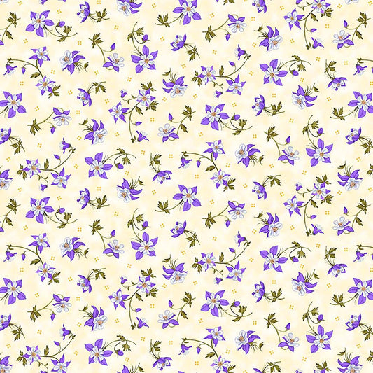 Image of Mountains are Calling Columbines Buttercream quilting cotton fabric by Claudia McKinney for QT Fabrics. Features flowers on a cream background. Cute Little Fabric Shop.