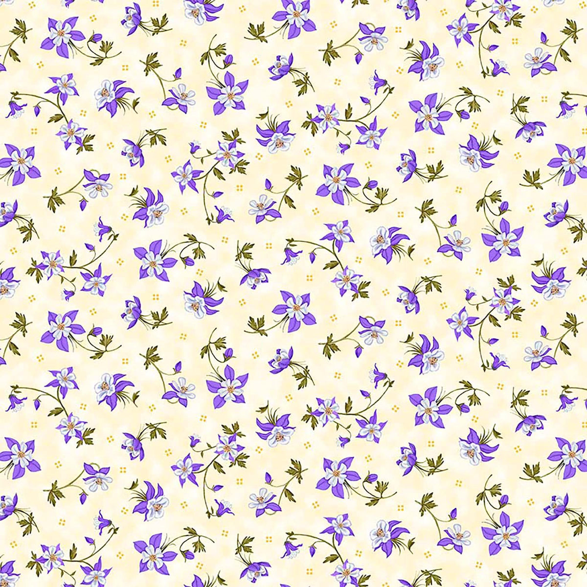 Image of Mountains are Calling Columbines Buttercream quilting cotton fabric by Claudia McKinney for QT Fabrics. Features flowers on a cream background. Cute Little Fabric Shop.