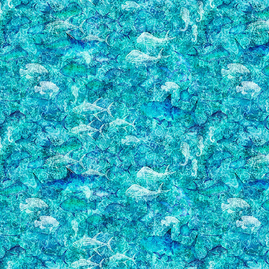 Image of Into the Deep Ocean Blender Turquoise quilting cotton fabric by Morris Creative Group for QT Fabrics. Features sharks on a blue background. Cute Little Fabric Shop.