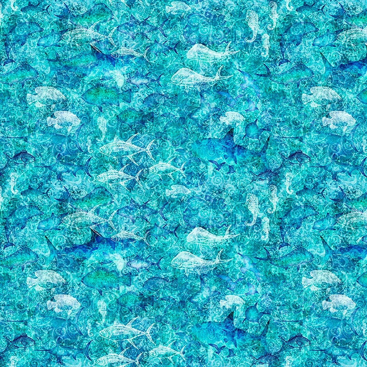 Image of Into the Deep Ocean Blender Turquoise quilting cotton fabric by Morris Creative Group for QT Fabrics. Features sharks on a blue background. Cute Little Fabric Shop.