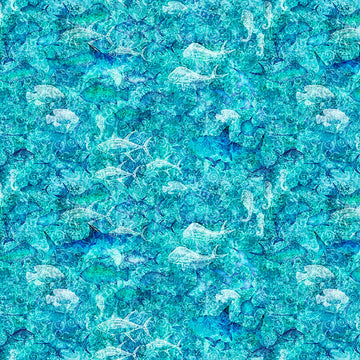 Image of Into the Deep Ocean Blender Turquoise quilting cotton fabric by Morris Creative Group for QT Fabrics. Features sharks on a blue background. Cute Little Fabric Shop.