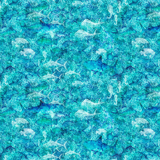 Image of Into the Deep Ocean Blender Turquoise quilting cotton fabric by Morris Creative Group for QT Fabrics. Features sharks on a blue background. Cute Little Fabric Shop.