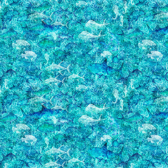 Image of Into the Deep Ocean Blender Turquoise quilting cotton fabric by Morris Creative Group for QT Fabrics. Features sharks on a blue background. Cute Little Fabric Shop.