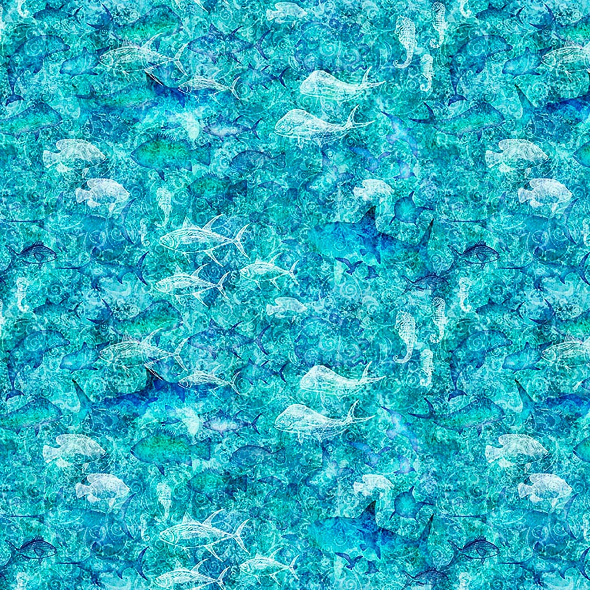 Image of Into the Deep Ocean Blender Turquoise quilting cotton fabric by Morris Creative Group for QT Fabrics. Features sharks on a blue background. Cute Little Fabric Shop.