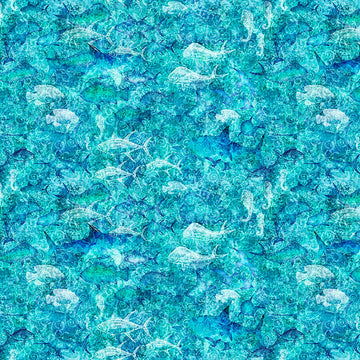 Image of Into the Deep Ocean Blender Turquoise quilting cotton fabric by Morris Creative Group for QT Fabrics. Features sharks on a blue background. Cute Little Fabric Shop.