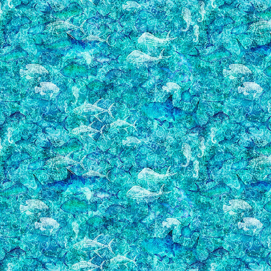 Image of Into the Deep Ocean Blender Turquoise quilting cotton fabric by Morris Creative Group for QT Fabrics. Features sharks on a blue background. Cute Little Fabric Shop.