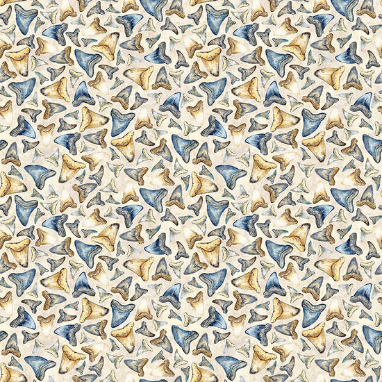Image of Into the Deep Shark Teeth Tan quilting cotton fabric by Morris Creative Group for QT Fabrics. Features teeth on a cream background. Cute Little Fabric Shop.
