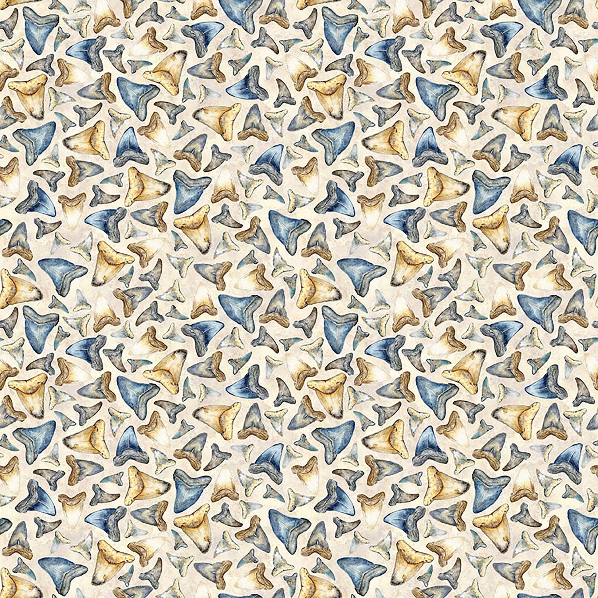 Image of Into the Deep Shark Teeth Tan quilting cotton fabric by Morris Creative Group for QT Fabrics. Features teeth on a cream background. Cute Little Fabric Shop.